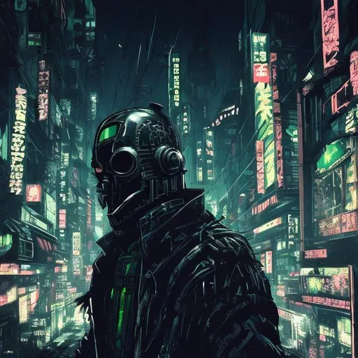Prompt: Original villain. Very Dark image with lots of shadows. Background partially destroyed neo Tokyo. Noir anime. Gritty. Dirty. Black with neon forest green accents. armour. Kenji mask. Bionic enhancements. 