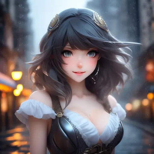 Prompt: best quality, absurdres, high detail, sharp focus, A girl, adventurer, ((Huge bust, wide hips, minuscule waist)), pale skin girl with a big chest, silver hair, long wave hair, silver eyes, beautiful face, flat smile, detailed cloth, full body, detailed steampunk city background, rainy, volumetric lighting, global illumination, vivid color, reflection, soft shadow, depth of field, (epic pose, epic composition, epic proportion), (ultra detailed, finest detail, intricate)