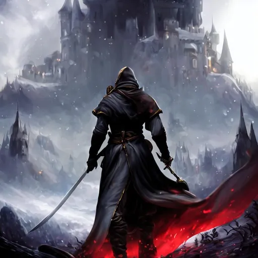 Prompt: Full-body detailed masterpiece, fantasy, high-res, quality upscaled image, perfect composition, 18k composition, 16k, 2D image, cell shaded, one main assassin, sword in left hand, dagger in right hand, wearing robes, bright blue moon in backround, buildings on sides, snow on ground, ruins, war, huge castle infront, fire