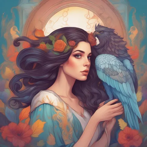 Prompt: A colourful and beautiful Persephone, brunette hair and with her hair being made out of magic, with a Griffin in a painted style