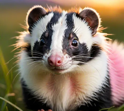 Prompt: small black and white skunk ferret hybrid, pink fly like eyes, large pseudo-pupil, fluffy tail with white stripe, sitting on grass, sunset lighting, detailed fur, highres, warm tones, realistic, detailed eyes, nature landscape