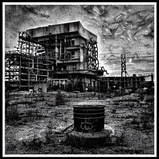 Prompt: Make me an 500x500 picture for vinyl stamp. Theme: Post apocalyptic chernobyl vibe. It has to be in real life