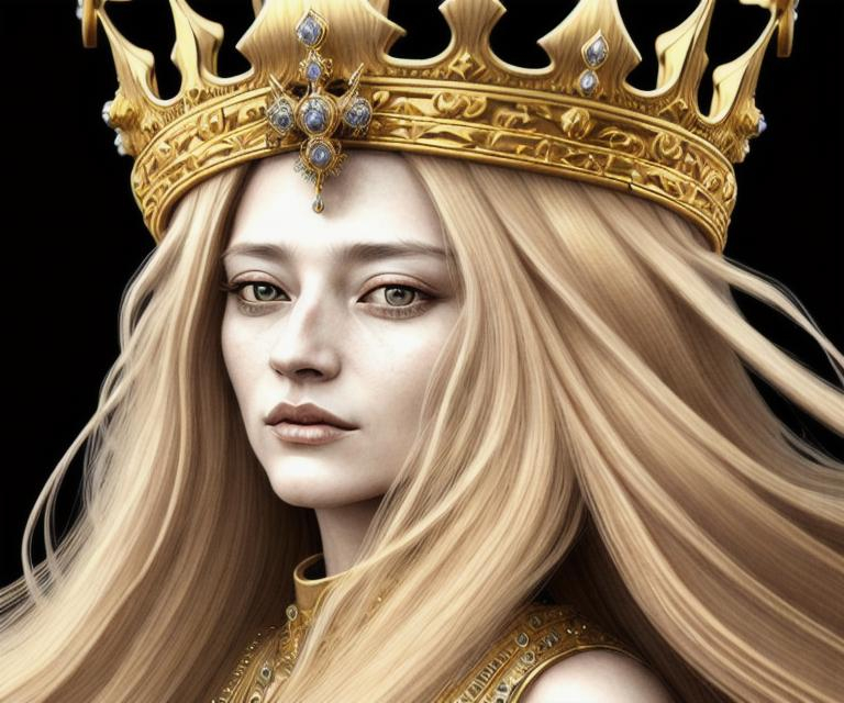 Woman, long gold hair, hyperdetailed crown, hyper de... | OpenArt