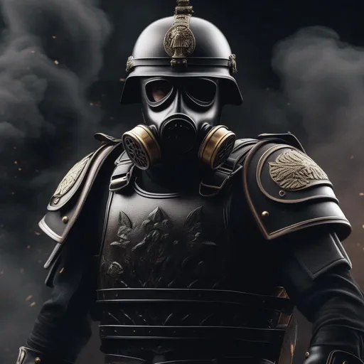 Prompt: A modern roman military male in black military roman armor, and gas mask, background war battle, Hyperrealistic, sharp focus, Professional, UHD, HDR, 8K, Render, electronic, dramatic, vivid, pressure, stress, nervous vibe, loud, tension, traumatic, dark, cataclysmic, violent, fighting, Epic