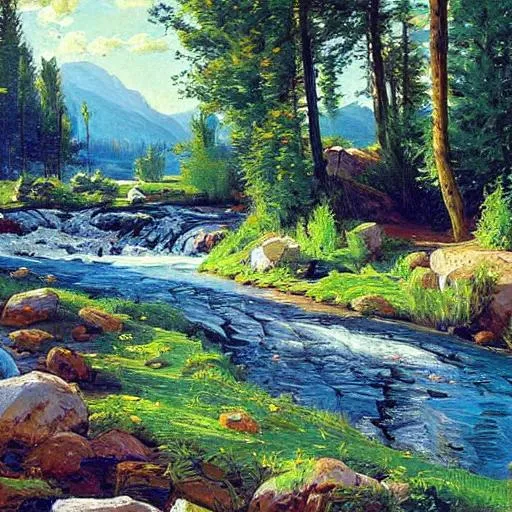 Prompt: A detailed Nevada landscape with a stream in the style of Peder Mork Monsted