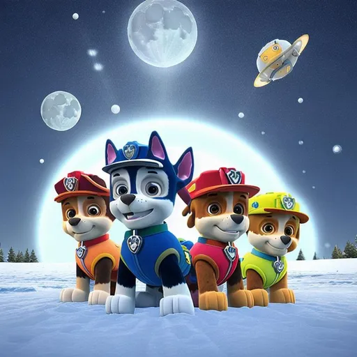 Prompt: image of paw patrol with in the snow, aliens and moon, beams of neon rays, ai render, smoke, stylized as clay