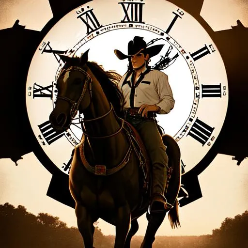 Prompt: cowboy,horse, sunset manga, huge clock on twelve o clock faded in the background,red eyes,(black and white),pointing six shots at camera, faded in back ground,