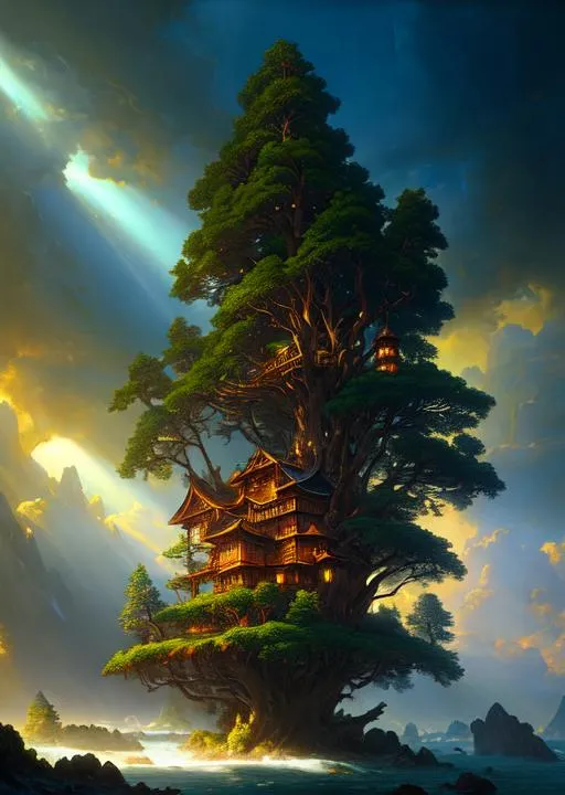 Prompt: Oil painting of a fantasy treehouse by ivan shishkin 
and aivazovsky, highly detailed, masterpiece, god's rays highly detailed, vivid color, 
cinematic lighting, perfect composition, 8 k, gustave 
dore, derek zabrocki, greg rutkowski, belsinski, octane 
render