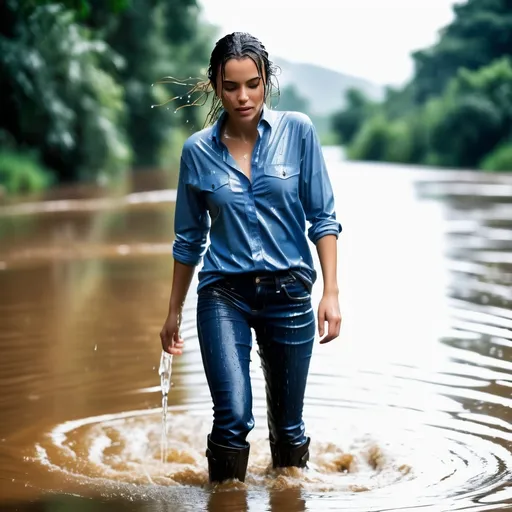 Prompt: photo of young woman, soaking wet clothes, soaked boots, wet tight blue jeans, wet tight shirt,  , walking in the river,   enjoying, water dripping from clothes, clothes stuck to body,  detailed textures of the wet fabric, wet face, wet plastered hair,  wet, drenched, professional, high-quality details, full body view.