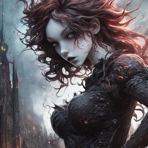Prompt: splash art, hyper detailed perfect face, full body, hyper realistic, highly detailed, dark surreal street with cubble stones, beautiful, fantasy curly red hair, which, full body, long legs, sumptuous perfect woman body, ultra pale skin, visible midriff, ultimate gothic black dress, staff wielder, casting ultra detailed magic fire balls, high-resolution perfectly detailed feminine face, perfect proportions, ample cleavage, intricate hyper detailed hair, light makeup, demonic blue eyes, Dark, ethereal, elegant, exquisite, graceful, delicate, intricate, hopeful, glamorous, immaculate HDR, UHD, high res, 64k, cinematic lighting, special effects, hd octane render, professional photograph, studio lighting, trending on artstation, perfect studio lighting, perfect shading.
Model: DreamShaper V8