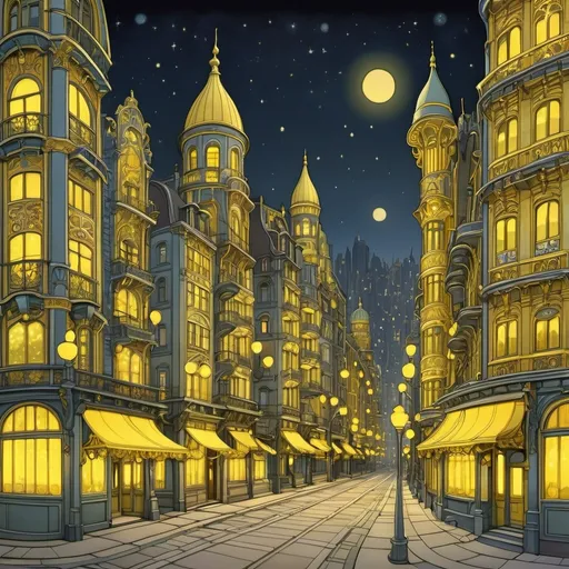 Prompt: City at night, with yellow glowing lights, art nouveau, cel shaded illumination 