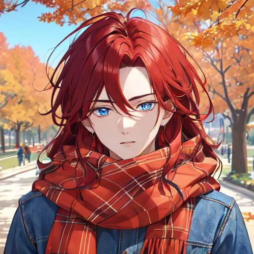 Prompt: Zerif 1male (Red side-swept hair covering his right eye, blue eyes), highly detailed face, wearing a cozy flannel shirt and a pair of stylish jeans. In the park, fall.  wearing a scarf, looking up at the sky, in a pumpkin patch, adult. Handsome,  detailed, UHD, HD, 4K, highly detailed, red haze, masculine, anime style. Hugging Haley 