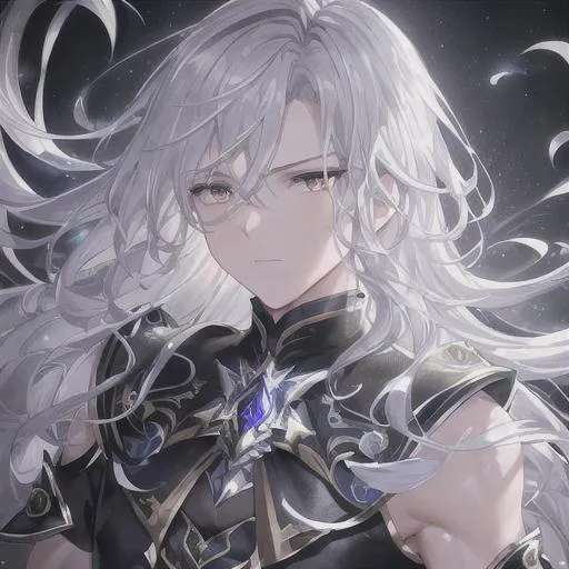 Prompt: Dark Fantasy style, a hyper realistic detailed image of a celestial masculine man, covered in nightly glow, looking straight ahead, body facing camera, camera top third of image, perfect composition, super detailed, sharp focus HDR, UDR, 120k, square jaw, light silver and black, silver shoulder plates, long curly white hair, amber eyes, in a dark stary night-time fantasy background, dark hellish landscape