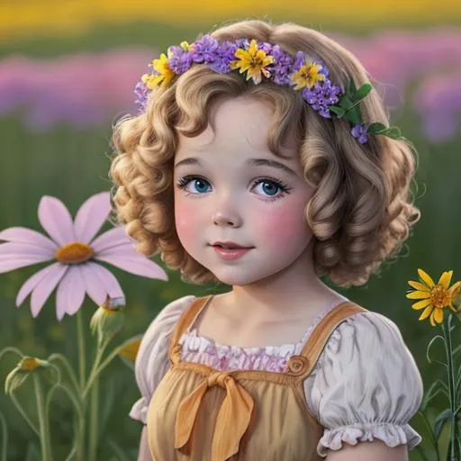 Prompt: young Shirley Temple with summer,wildflowers, closeup