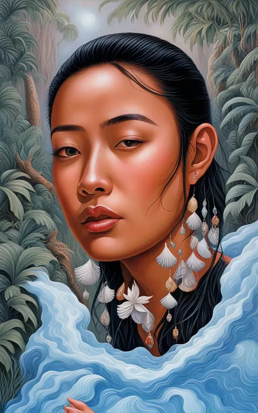 Prompt: pretty young Indonesian woman, 25 year old, (round face, high cheekbones, almond-shaped brown eyes, epicanthic fold, long black hair with seashell ornaments, small delicate nose), emerging from water, scenery natural pool in tropical Indonesian rain forest, lush green plants, waterfall, masterpiece, intricate detail, hyper-realistic, photorealism, hyper detailed texturing, high resolution, best quality, UHD, HDR, 8K, award-winning photograph, octane render