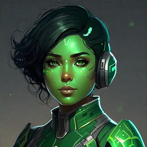 Prompt: A green skinned scifi green female mandalorean cyborg. she has short black hair. mandalorean uniform. she has green skin. Handsome. well drawn face. detailed. star wars art. 2d art. 2d