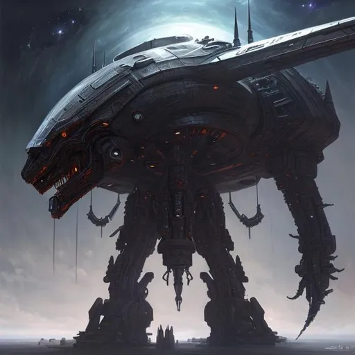 Prompt: Outer space, spacecraft, spaceship, biological, mechanical, robotic, futuristic, dark fantasy art style, painting, evil, alien, weapons