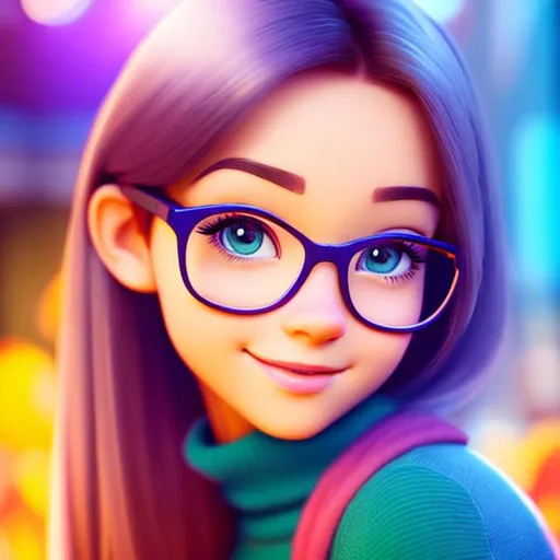 Prompt: Disney, Pixar art style, CGI, tween girl with glasses,  light blond hair in a tight ponytail, blue eyes,, emo tomboy
