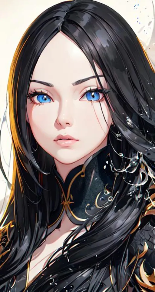 Prompt: long black hair, symmetrically colored hair, perfect composition, hyperrealistic, super detailed, 8k, high quality, Splash art, front, epic Instagram, artstation, hyperdetailed intricately detailed, unreal engine, intricate detail, splash screen, complementary colors, concept art, 8k, heavy strokes, splash arts, full height, full body,