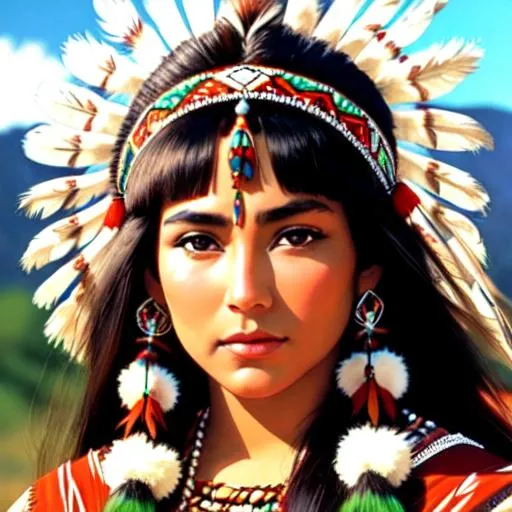 Prompt: Beautiful native American princess, facial closeup, earth tones