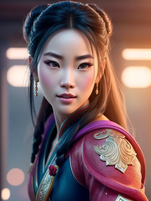 Prompt: super detailed full length lifelike illustration, intricately detailed, hyper realistic, beautiful highly detailed face, character design high octane, octane render, DSLR super resolution, dramatic lighting, very large muscles, dressed as a ((sexy)) super hero, Mulan