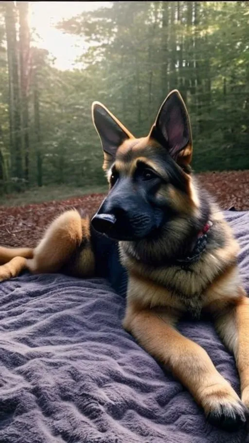 Prompt: German Shepherd puppy sitting in front of a forest, floppy ears