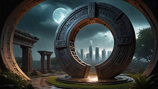 Prompt: magical portal between cities realms worlds kingdoms, circular portal, ring standing on edge, upright ring, freestanding ring, hieroglyphs on ring, complete ring, ancient babylonian architecture, gardens, ruins, turned sideways view, futuristic cyberpunk tech-noir setting, dark night, rain, stormy sky