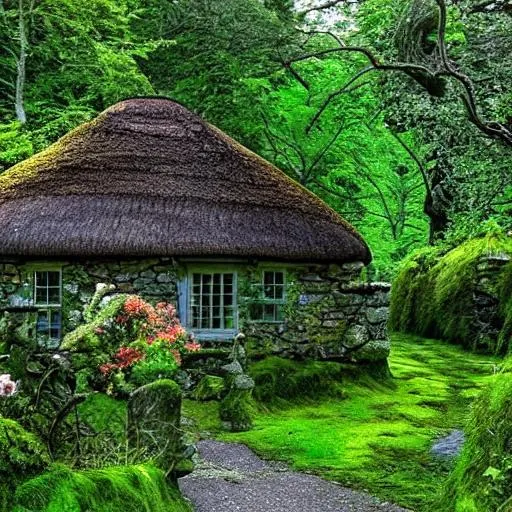 Prompt: A stone, moss covered cottage with a thatched roof on a dark forest path the windows are lit showing the great many flowers all around in the style of Thomas Kincaid




 












