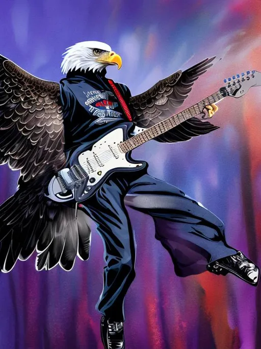 Prompt: create an image of a female bald eagle wearing a short sleeve black jumpsuite playing a black fender jazzmaster guitar 