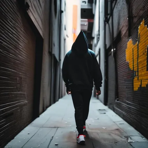 Prompt: Pixelated guy wearing a hoody/jacket walking down a dark alley. 