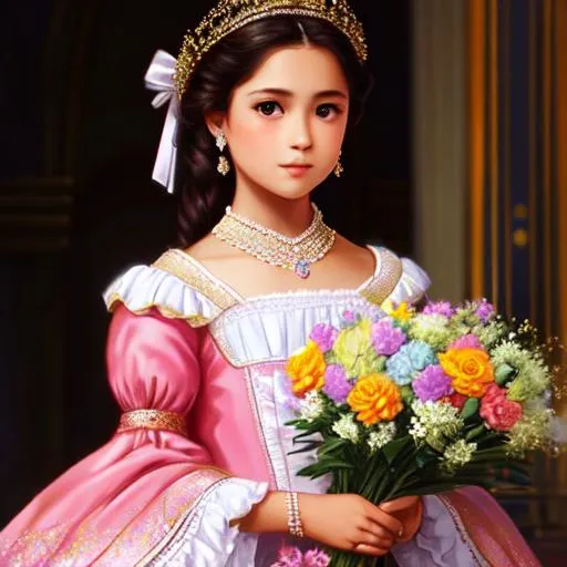 Prompt: a girl wearing royal costume and holding flowers, soft pastel color, detailed, 8k