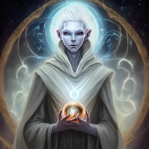 Prompt: etherial, benevolent androgynous ALIEN who heals others, pale skin, soft expression, holding an orb, wearing cloak, surrounded by celestial