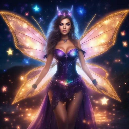 Prompt: A full body image of a stunningly beautiful, hyper realistic, buxom woman with bright eyes wearing a sparkly, glowing, skimpy, sheer, fairy, witches outfit on a breathtaking night with stars and colors with glowing sprites flying about.
