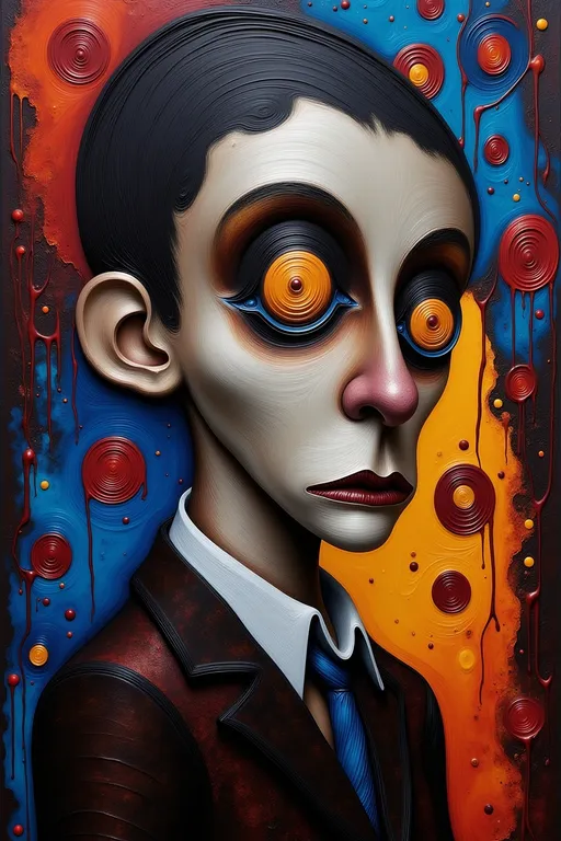 Prompt: abstract painting of a somber man in Mark Ryden style, odd buildings dotting the background
