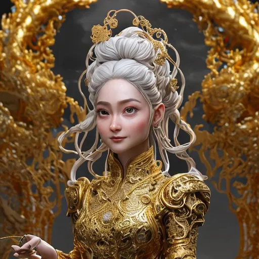 Prompt: A highly detailed ((full-length shot) (gold marble sculpture statue) of a (woman with). ((+Hyperrealistic)), (+dress), +concept art, +low shot, ((+intricately detailed, +highly detailed)), +dramatic, +side light, +legend background, +caring, +happy, +smiling, +aodai vietnam, dragon flying, 