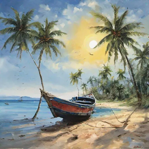 Prompt: seashore, coconut tree, small fishing boat,  sun rise,blue sky