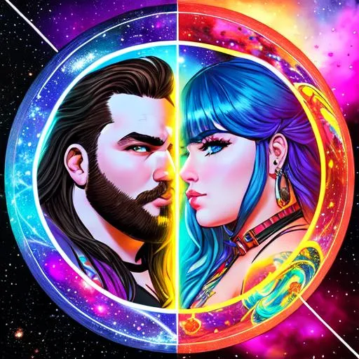 Prompt: comic book (((grungy heavyweight man and heavyweight woman, round faces, chubby faces))), (((in space))),  chaotic, (((neon))), surreal, cosmos, galaxy, bubbles, ((blue long wavy hair for woman)), ((brown long wavy hair for man)), tattoos, collar