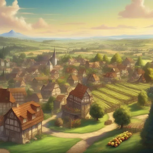 Prompt: town, fantasy setting, fields with trees, fruit orchards, natural lighting, panoramic,  