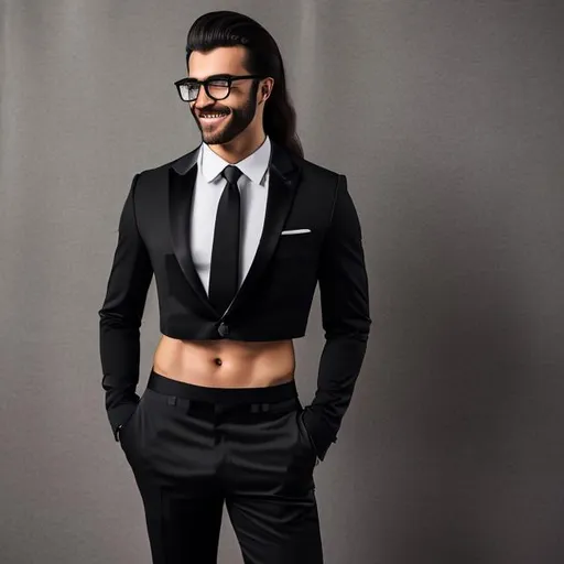 Prompt: a gorgeous 4k hdr photo of an attractive 20-years old extremely long-haired man with a six pack abs and glasses wearing a crop top black long sleeve business suit with a black necktie and black business suit pants, he also has a bare midriff and a bare navel, he is smiling and has his hands on his hips, he is also flexing his abs on his midriff, determined, ((highly detailed)), ((high quality,)), ((vibrant)), ((gradient background )), in style of stock photo