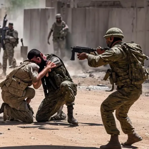 Prompt: an terrorist getting killed by an soldier