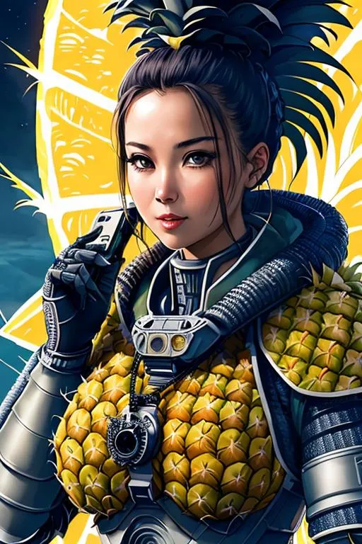 Prompt: Poster art, high-quality high-detail highly-detailed breathtaking hero, pineapple head, live pineapple,  pineapple on the telephone, holding telephone to face, talking on telephone. carbon fibre armour, post apocalyptic world setting, has highly detailed scaled body, detailed carbon fibre mech amour, wearing carbon fibre mech armor, highly detailed face, full form, epic, 8k HD, ice, sharp focus, ultra realistic clarity. Hyper realistic, Detailed face, portrait, realistic, close to perfection, more black in the armour, 
wearing blue and black armour, wearing carbon black cloak with red, full body, high quality cell shaded illustration, ((full body)), dynamic pose, perfect anatomy, centered, freedom, soul, Black short hair, approach to perfection, cell shading, 8k , cinematic dramatic atmosphere, watercolor painting, global illumination, detailed and intricate environment, artstation, concept art, fluid and sharp focus, volumetric lighting, cinematic lighting, 
