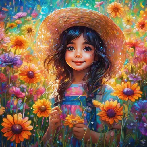 Prompt: Particle spectra hologlitch, A close up portrait of a A cheerful little girl picking flowers in a field on a warm sunny day, big eyes, dark hair , by Callie Fink and SIYA OUM, vibrant  colors , liquid ink, aesthetic, centered, 16k resolution , HQ , hyper detailed, intricate artwork, centered,  perspective ,16k, insanely detailed and intricate, hyper realistic, trending on cgsociet