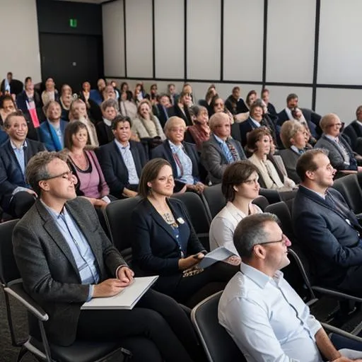 Prompt: create a photorealistic image of a conference with a group of middle-aged mixed gender European-looking happy curious people with notepads in business casual outfits sitting on chairs listening with large interest to a speaker on stage