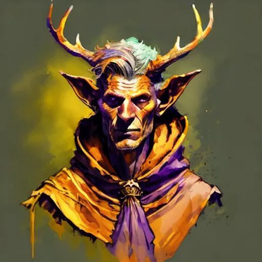 Prompt: Orange Tiefling warlock, long antlers, defined eyes, orange skin, purple cloak, 