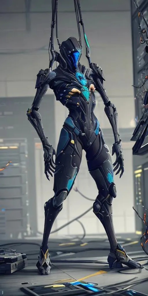 Prompt: a warframe forcibly hooked up to a server mainframe, the arms are shattered and cables run throu them, the body is hung down the sceiling, with the walls made out of servers, warmind Destiny 2