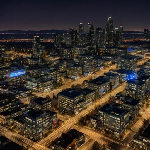 Prompt: cinematic lighting, surrey bc canada downtown, buildings, at night, wide angle, Nikon Z FX, long exposure, 64k, UHD, HDR, 

