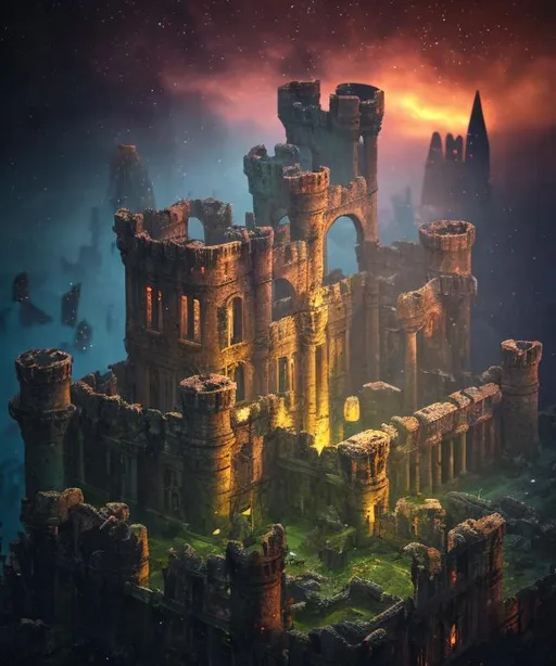 Prompt: a destroyed castle with debris floating in the air, night time, foreboding ruins, ancient ruins, muted colors, Victorian, gothic, dark, Masterpiece,  photo quality,  cinematic light, ((depth of field)), fractal isometrics details bioluminescence, analogous colors, Luminous Studio graphics engine, trending on artstation Isometric Centered hyperrealist cover photo awesome full color, gritty, glowing shadows, high quality, high detail, high definition, dark fantasy
