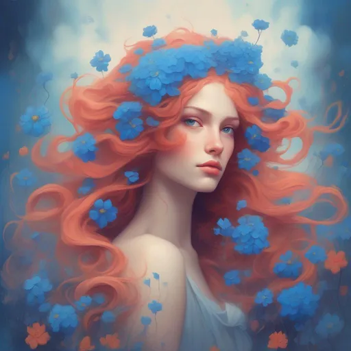 Prompt: A beautiful and colourful Persephone whose hair is made of clouds that rains down blue flowers in a painted style