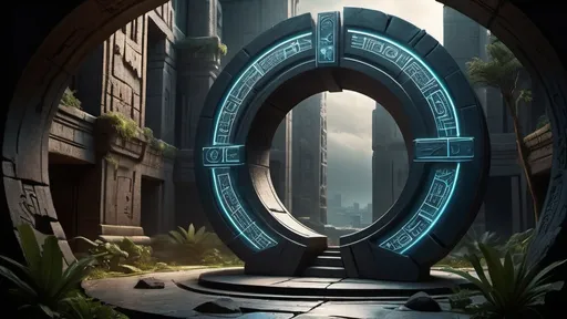 Prompt: magical portal between cities realms worlds kingdoms, circular portal, ring standing on edge, upright ring, freestanding ring, hieroglyphs on ring, complete ring, ancient babylonian architecture, gardens, ruins, turned sideways view, futuristic cyberpunk tech-noir setting, dark night