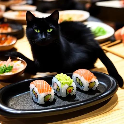 Prompt: A black cat at the sushi buffet